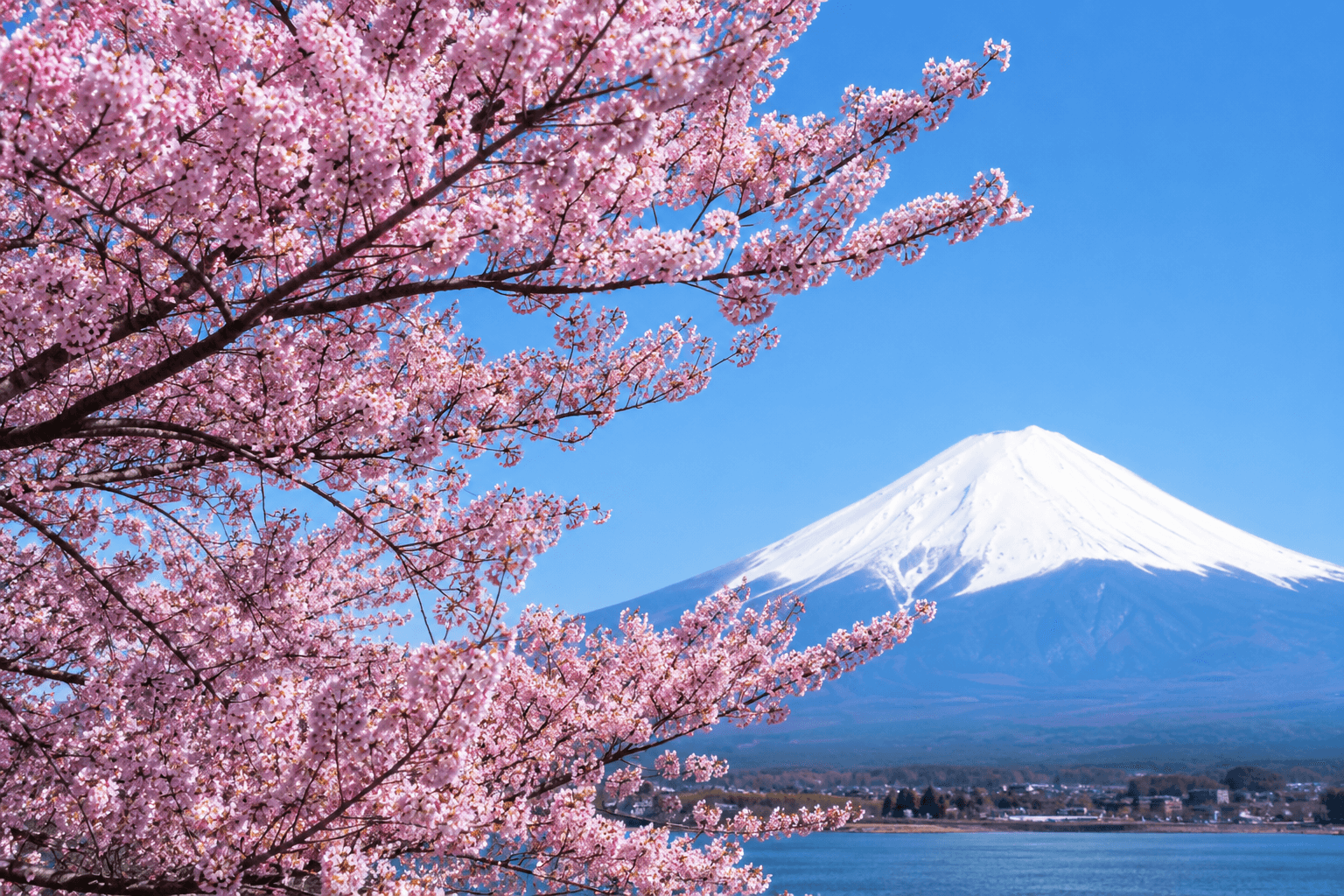 Cherry blossoms framing Mount Fuji above a clear lake.